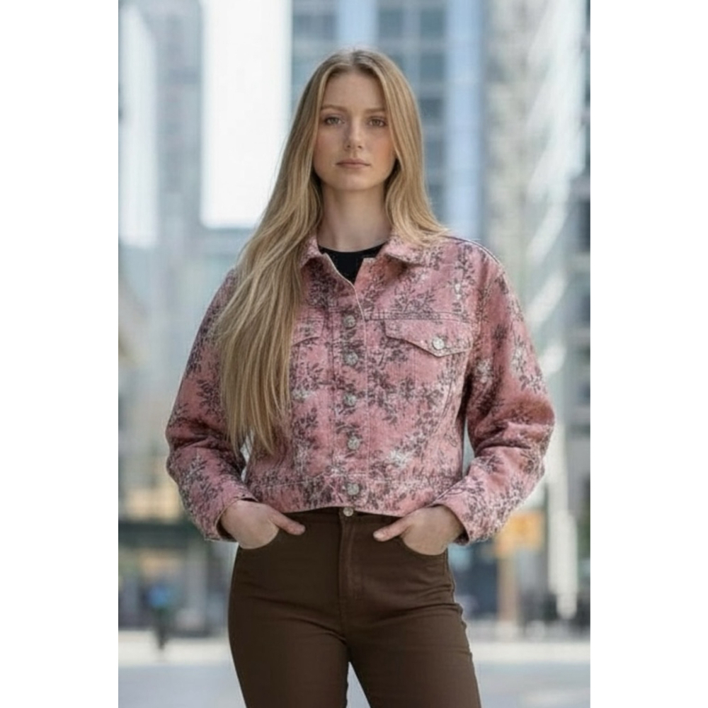 GAP & LoveShack Fancy Pink Floral Cropped Denim Jean Jacket XL